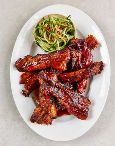 Slow-cooked, sticky-glazed pork ribs go with cucumber slaw in Sam Way’s ...