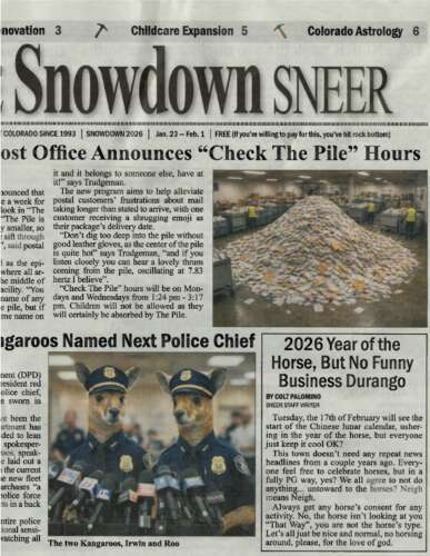 Latest edition of the ‘Sneer’ mocks Flock, pickleball, post office