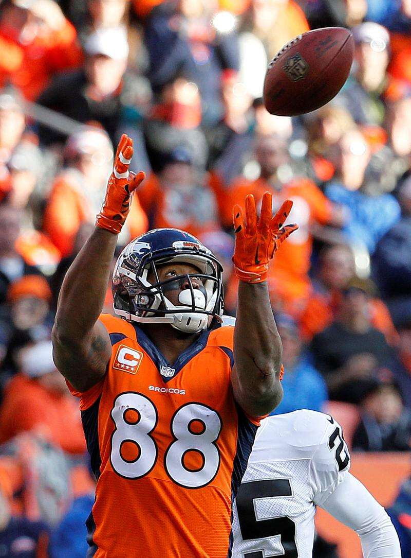 October 15, 2017: Denver Broncos wide receiver Demaryius Thomas (88) during  pre-game warm up of an NFL week 6 matchup between the New York Giants and  the Denver Broncos at Sports Authority