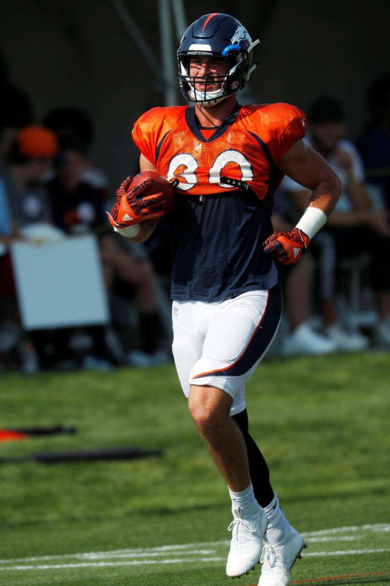 Denver Broncos tight end Jake Butt (80) takes part in drills during the  opening day of the team's NFL football training camp Thursday, July 18,  2019, in Englewood, Colo. (AP Photo/David Zalubowski