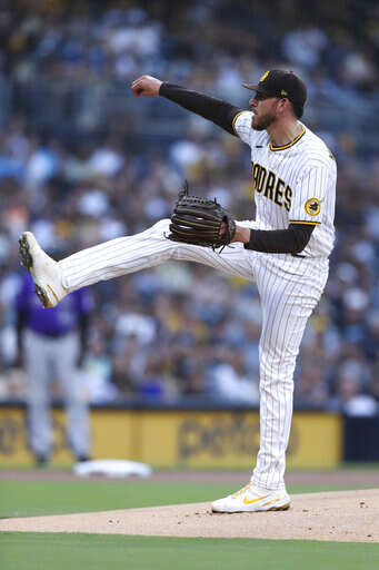 Joe Musgrove of the San Diego Padres throws a bullpen session