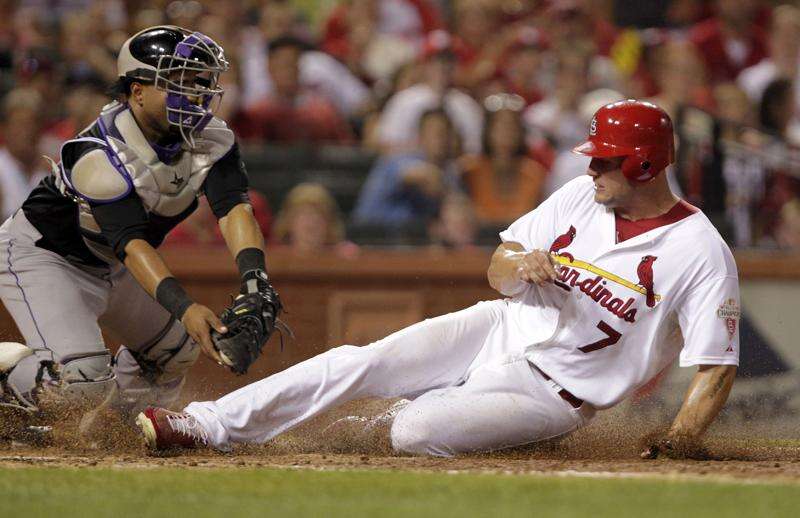 Former teammate Matt Holliday, now a left fielder for the St Louis News  Photo - Getty Images