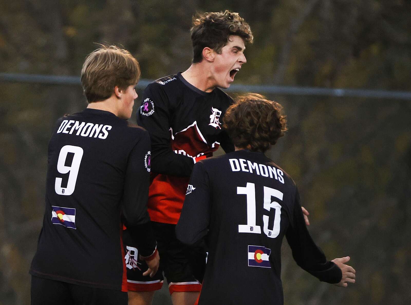 Teryk Webber of Durango High School celebrates his goal on Thursday, Oct. 26, 2023, with his teammates while playing Lewis-Palmer High School in the first round of 4A playoffs at DHS. (Jerry McBride/Durango Herald)